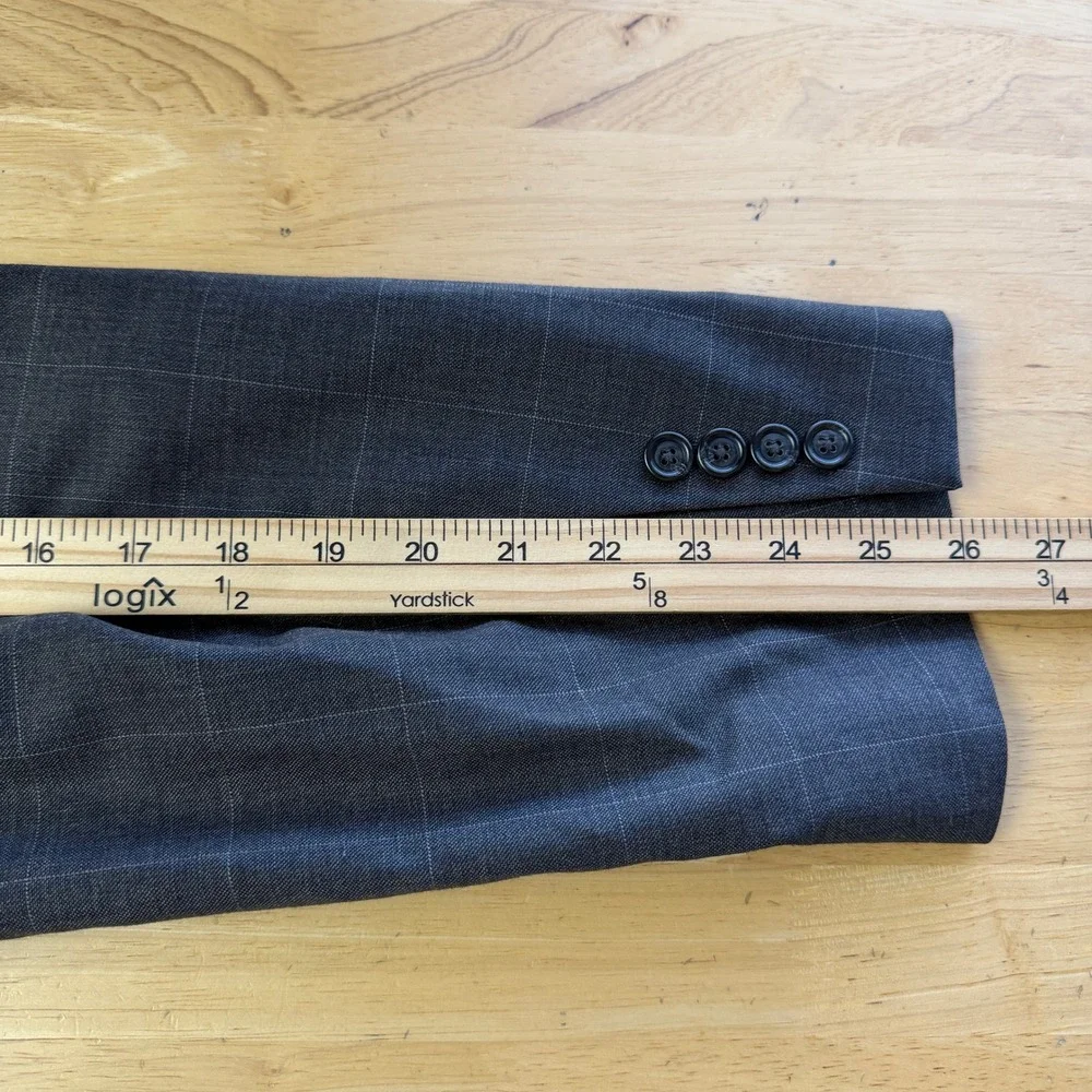 Jos. A. Bank 2-Piece Suit Mens 46L 37x31 100% Wool WINDOWPANE Charcoal Grey